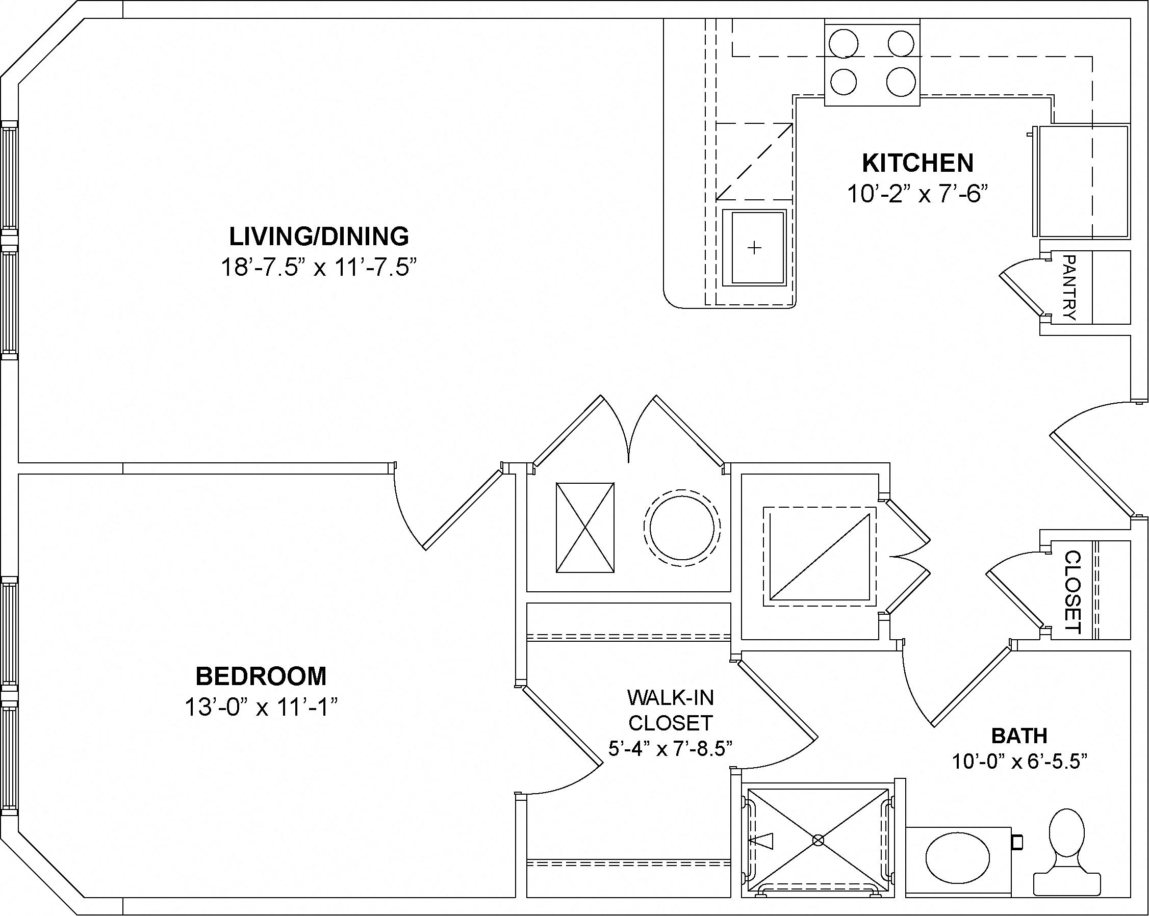 Floor plan for 1 bed, 1 bath, 716 sqft
